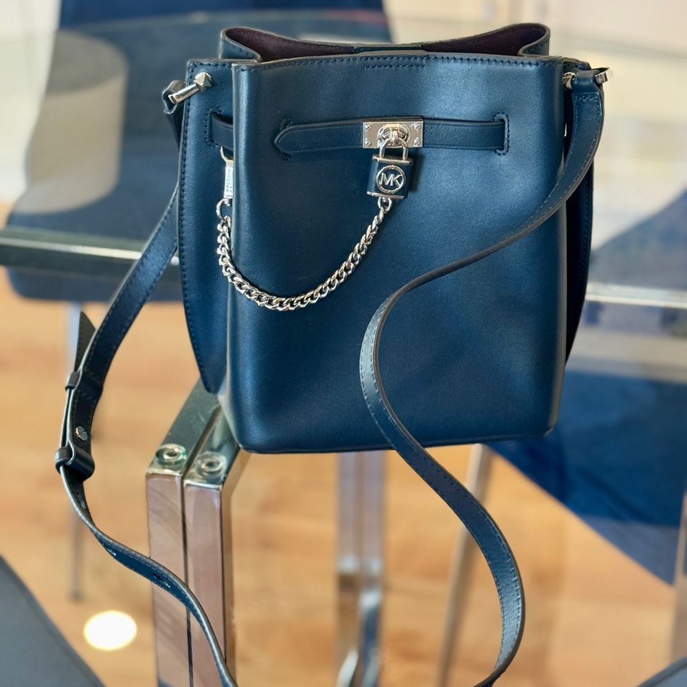 Michael Kors Navy Smooth Leather Crossbody w/ Silver Chain & Lock Details